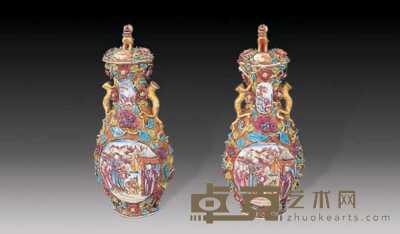 清 广彩雕瓷人物瓶（二件） 高36cm